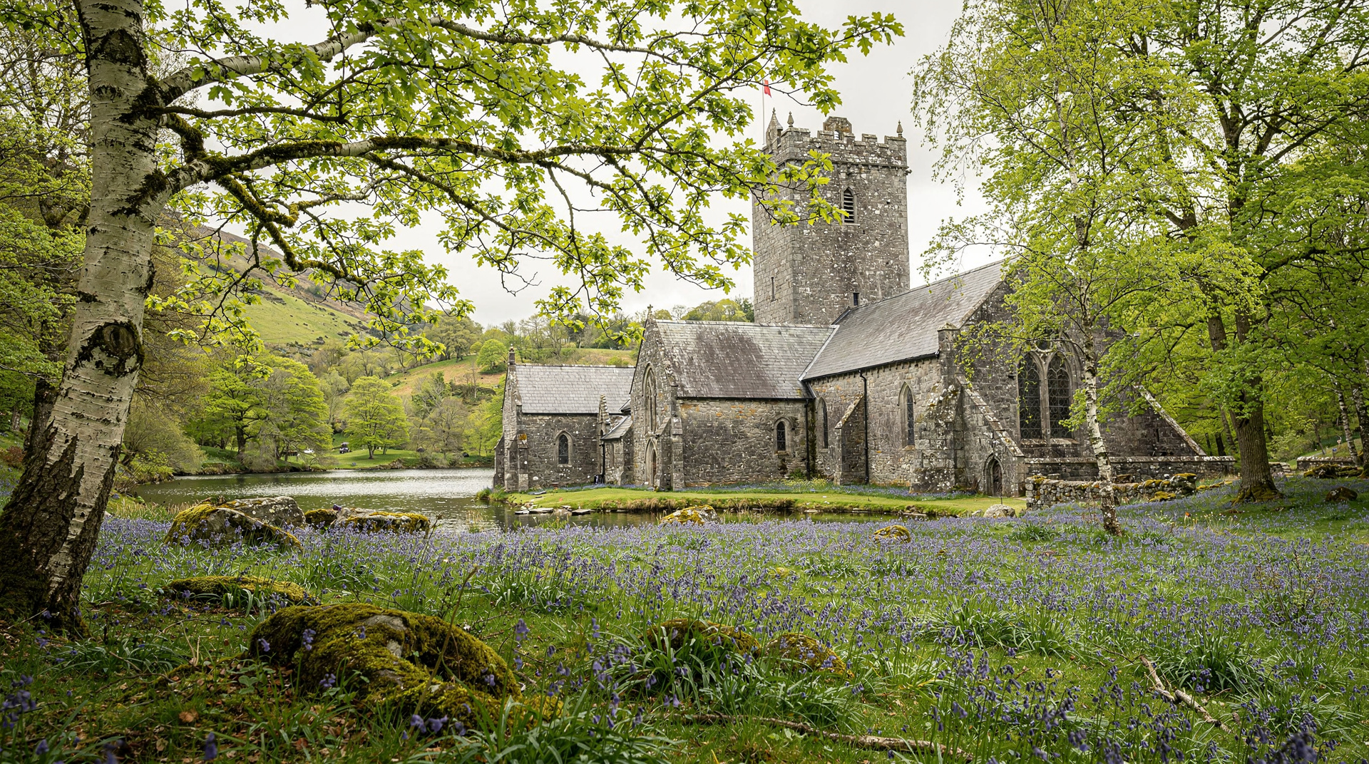 Glendalough in spring — April in Glendalough: monastery ruins against fresh green, clear lakes, no crowd